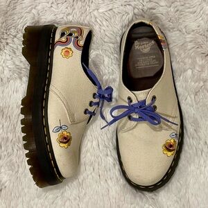Floral Embroidered Cream Dr. Martens Oxford Platflorms with Purple Laces